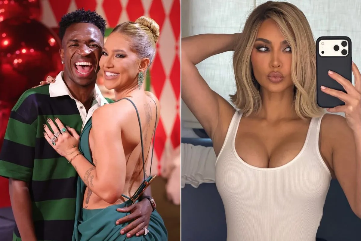 Virginia Fonseca e Vini Jr. ao lado de Kim Kardashian em uma entrevista no Rádio Estação Plus