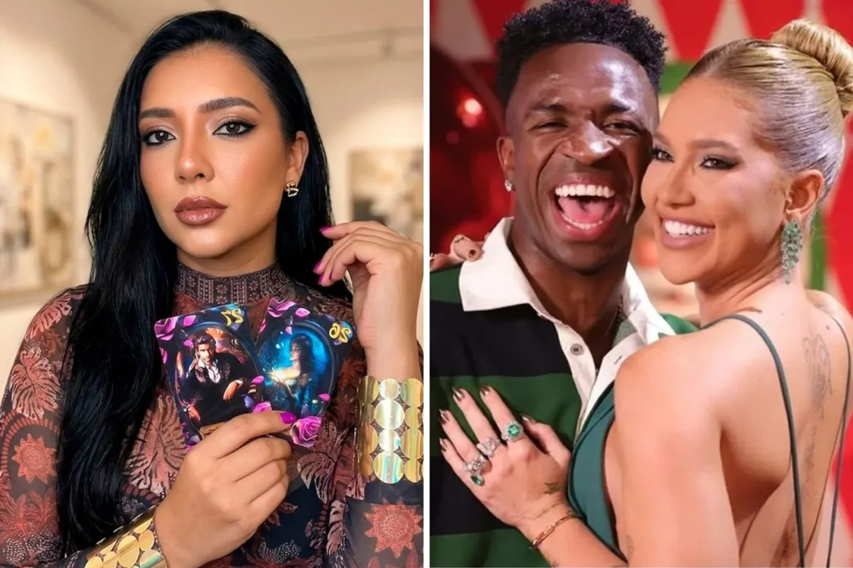 Imagem da apresentadora Sensitiva Julia Costa em estúdio da Rádio Estação Plus com Vini Jr