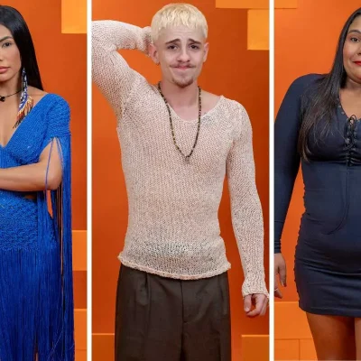 Fotomontagem de Rádio Estação Plus com Marciele Juliano, Floss Chaiany e BBB 26