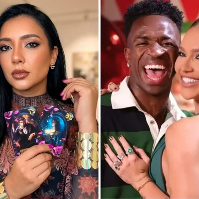 Imagem da apresentadora Sensitiva Julia Costa em estúdio da Rádio Estação Plus com Vini Jr