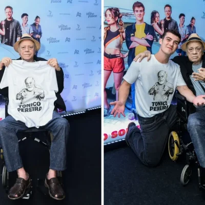 Imagem da equipe da Estação Plus ao lado do Velho Fusca