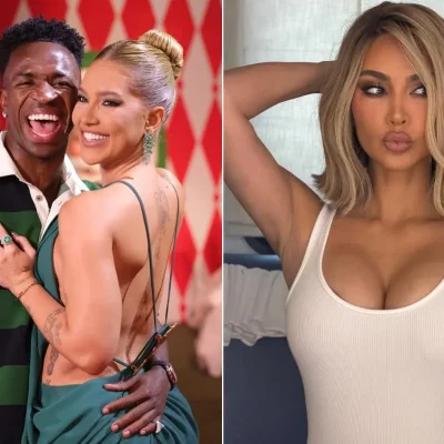 Virginia Fonseca e Vini Jr. ao lado de Kim Kardashian em uma entrevista no Rádio Estação Plus